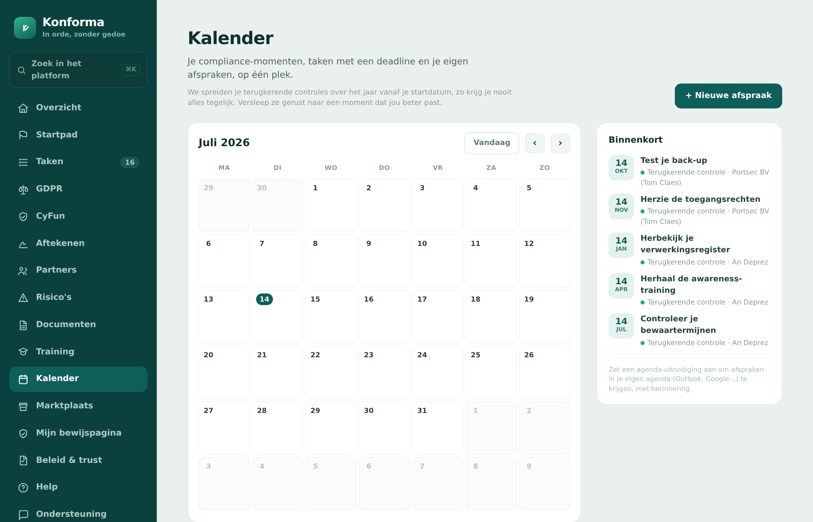 De compliance-kalender met agenda-uitnodigingen